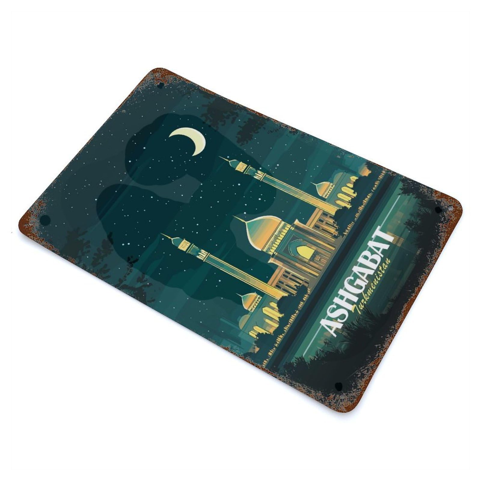 Ashgabat, Turkmenistan Nightscape Illustration Distressed Metal Wall Sign 11.8"x7.9", Ideal for Garage, Bar And Workshop Decor