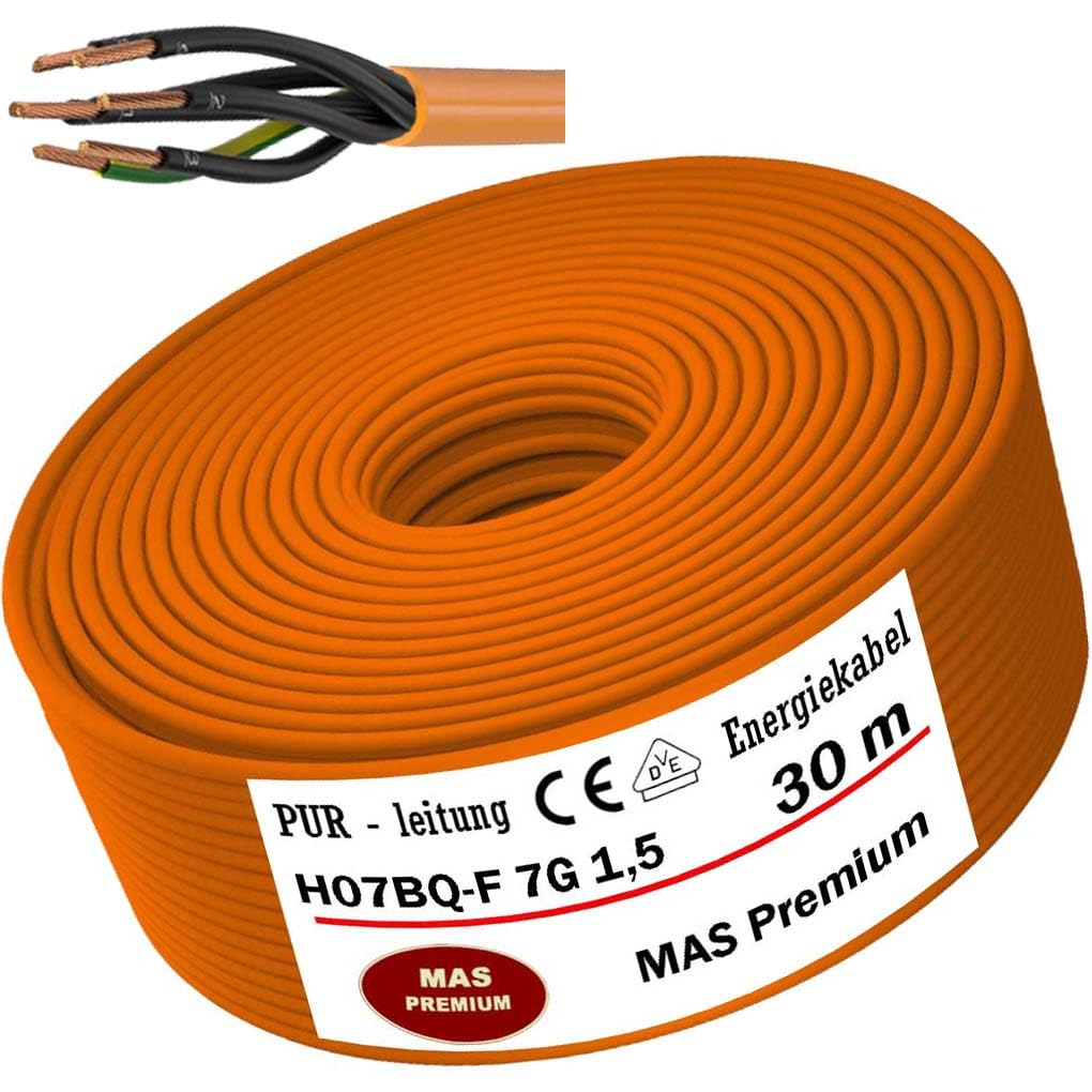 MAS-Premium® przewód PUR H07BQ-F 7 x 1,5 m, pomarańczowy, przewód przyłączeniowy do podłączenia urządzeń rolniczych lub komercyjnych, kabel budowlany (30 m)