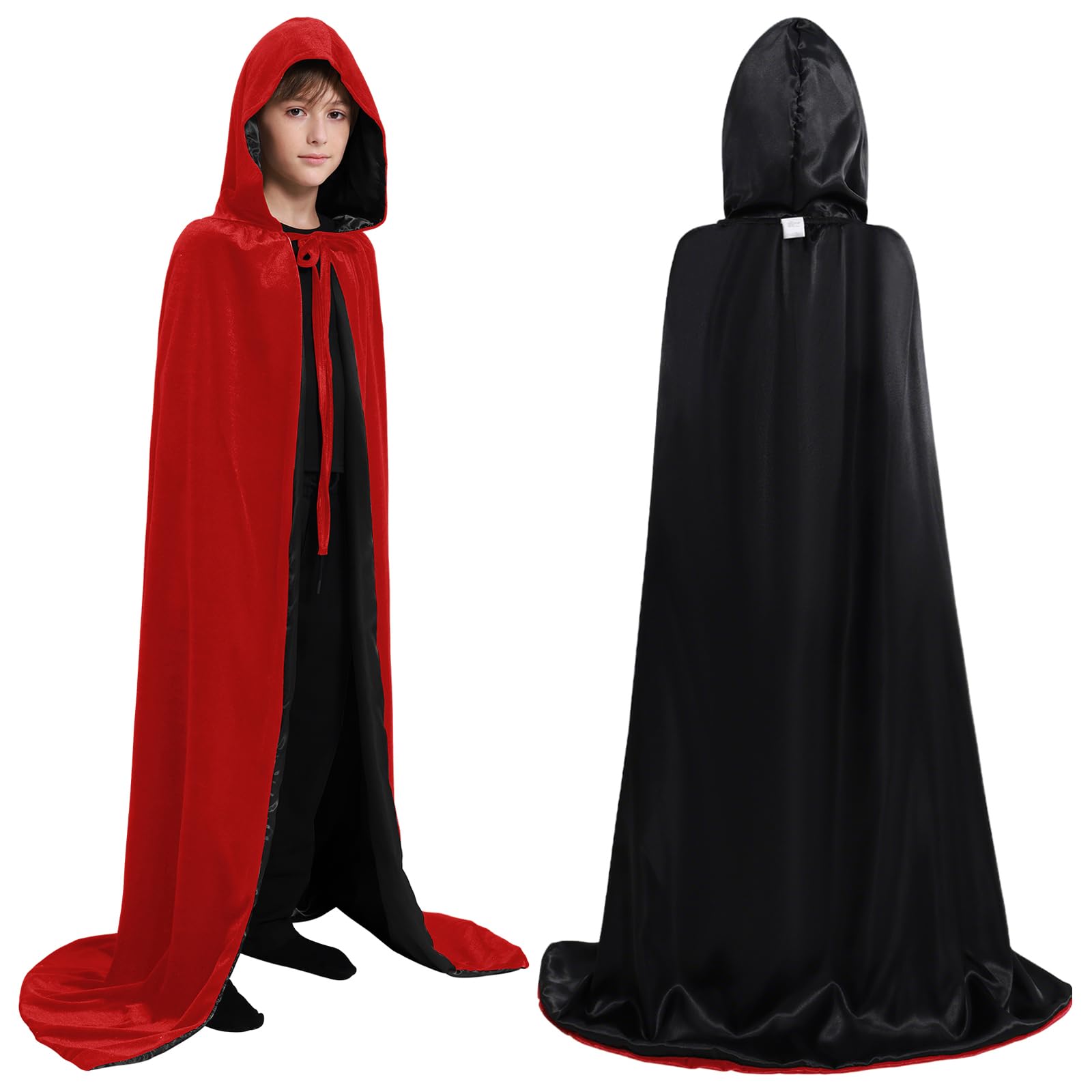 Valcatch Halloween Hooded Cloak Vampire Capes for Kids Adult, Unisex Reversible Velvet Satin Full Length Long Robes with Hood Fancy Dress Costume for Witch Masquerade Cosplay Party