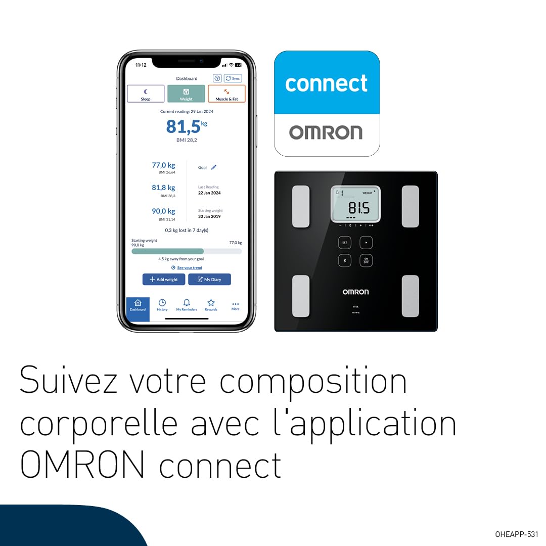 OMRON VIVA, balance pour mesurer poids, graisse viscérale, muscles, métabolisme, IMC avec résultats précis et synchronisation Bluetooth via l'application OMRON Connect