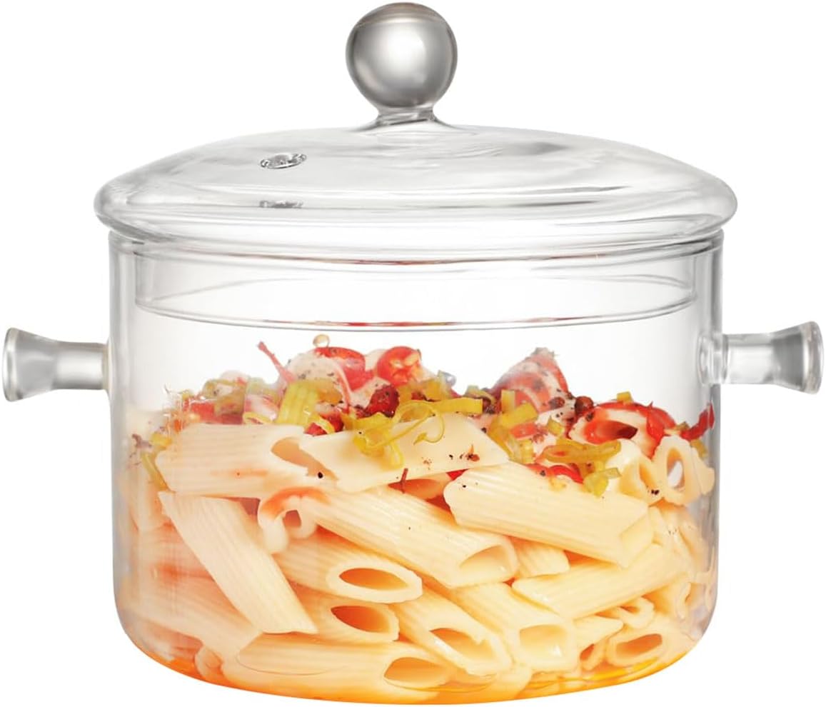 Glass Cooking Pots, 1.5L/50OZ Heat-Resistant Borosilicate Glass Saucepan with Cover, Glass Pots for Cooking on Stove Cookware Set Stovetop Pot for Soup, Pasta,& Baby Food (50OZ)