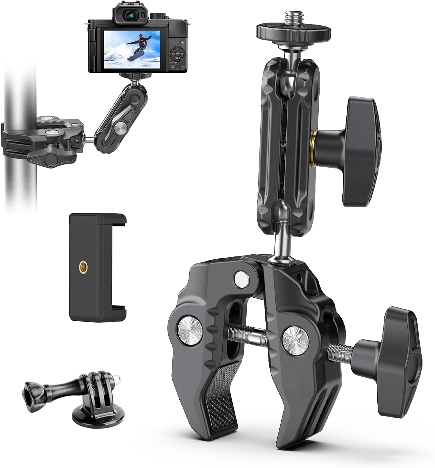 XIAOTJ Super Clamp Camera Mount with Magic Arm Double 360° Ballhead and Phone Tripod Mount/Action Camera Adapter for Phone/GoPro DJI Insta360/Monitor/DSLR/Motorcycle Bike Handlebar Gun Scope Mounts