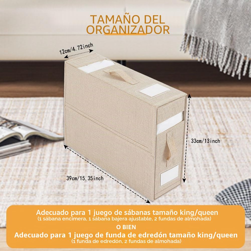 6 Piezas Caja Organizador Sabanas Armario, Organizador Armario Ropa Lino Plegable para Frazada y Sabanas, Caja de Almacenamiento que se Puede Guardar Debajo de la Cama o en un Cajón - Beige