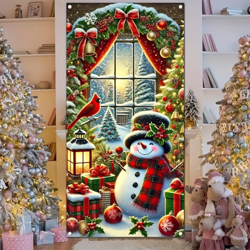 Image of BlissYard Christmas Door Cover 71x35 Inch Snowman Door Banner, Winter Holiday Decoration for Front Door, Indoor Outdoor Porch Backdrop, Merry Christmas Party Hanging Sign for Home Yard Lawn Decor
