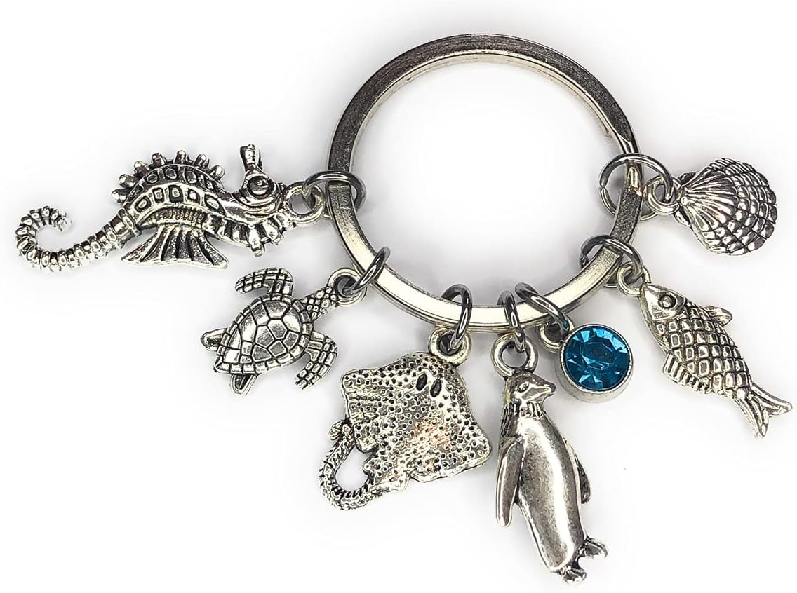 Ocean Sea Creatures Charm Keyring Key Ring in Gift Bag with Penguin, Fish, Seahorse, Turtle, Shell, Flatfish and Turquoise Rhinestone Charms