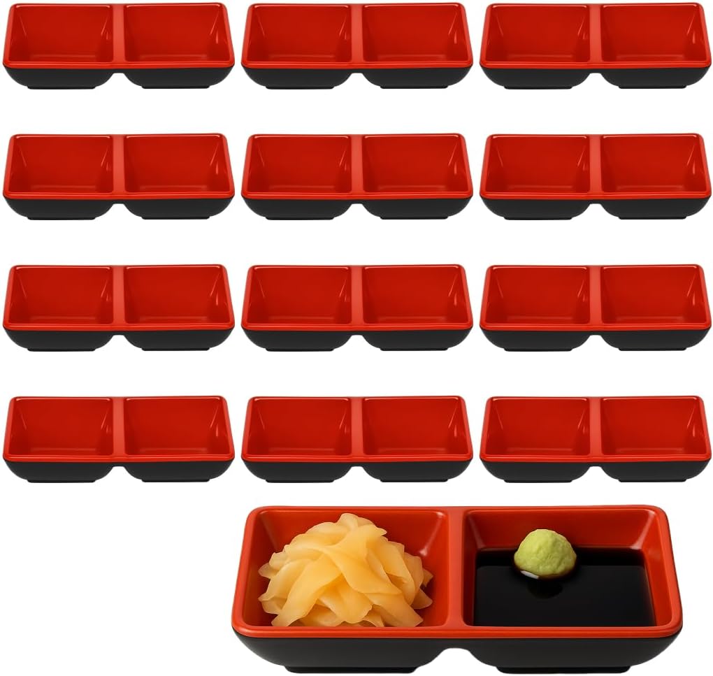 JapanBargain 2395, Japanese Style Soy Sauce Dishes Dipping Bowls, Red and Black Color, Two Compartments, 2 Pack