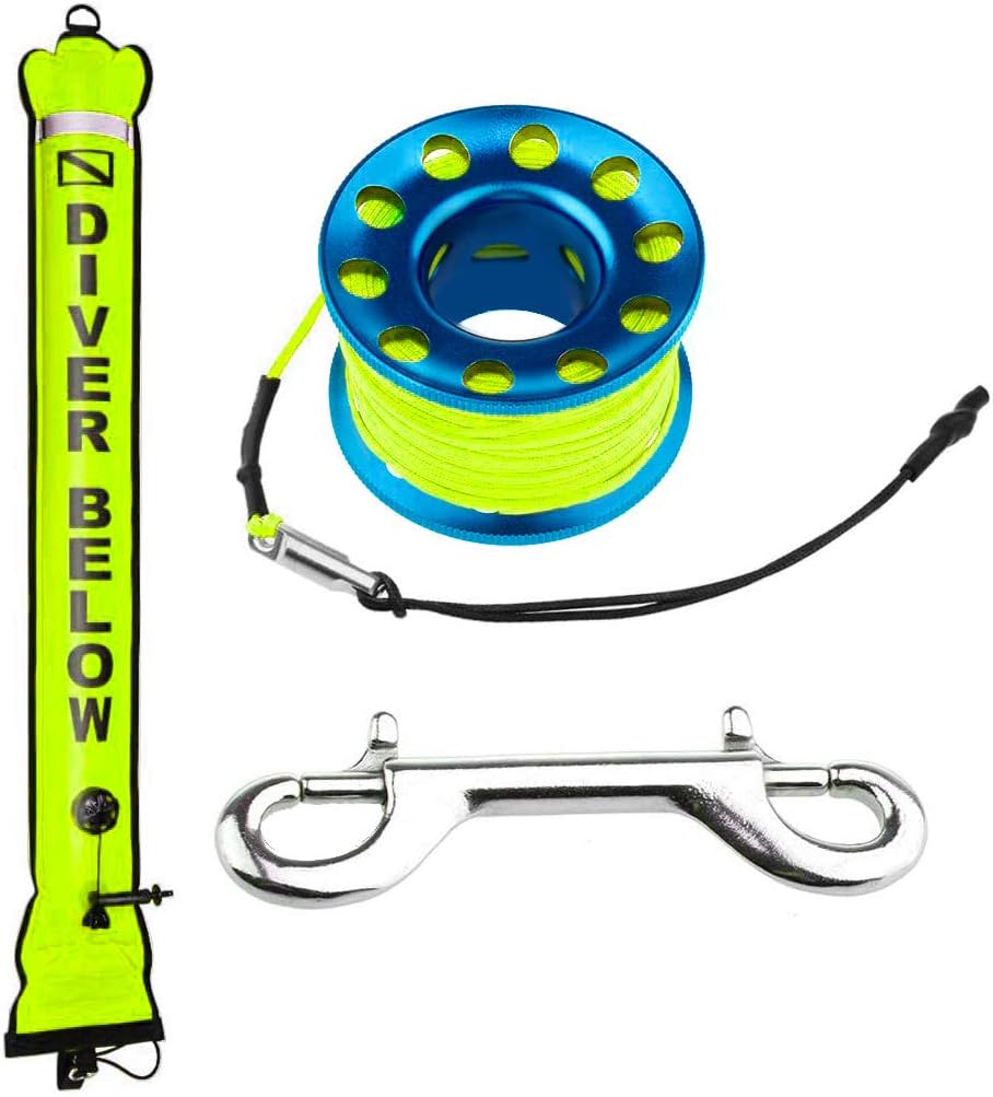 Seafard 4ft Yellow Scuba Diving Open Bottom Surface Marker Buoy (SMB) with 49ft Finger Spool Alloy Dive Reel and Double Ended Bolt Clip - Blue