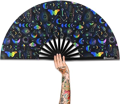 Miniatura 8 de Abanico Plegable Grande, Abanico Rave Clack de 13 Pulgadas, Abanico de Mano para Mujeres y Hombres con Tela de Satén Premium, Marco de Bambú Grueso