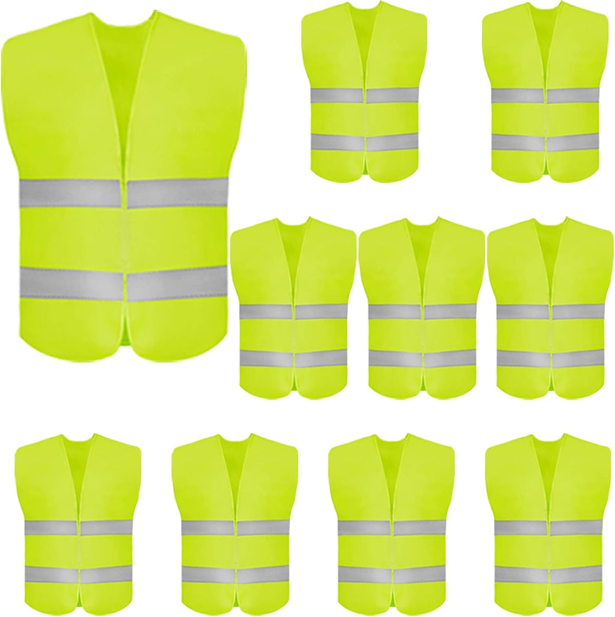 10 Pack High Visibility Safety Vest for Traffic Work, Running, Surveyor and Security Guard - Construction Vest with 2 Reflective Strips, Made from Breathable and Neon Yellow Mesh Fabric