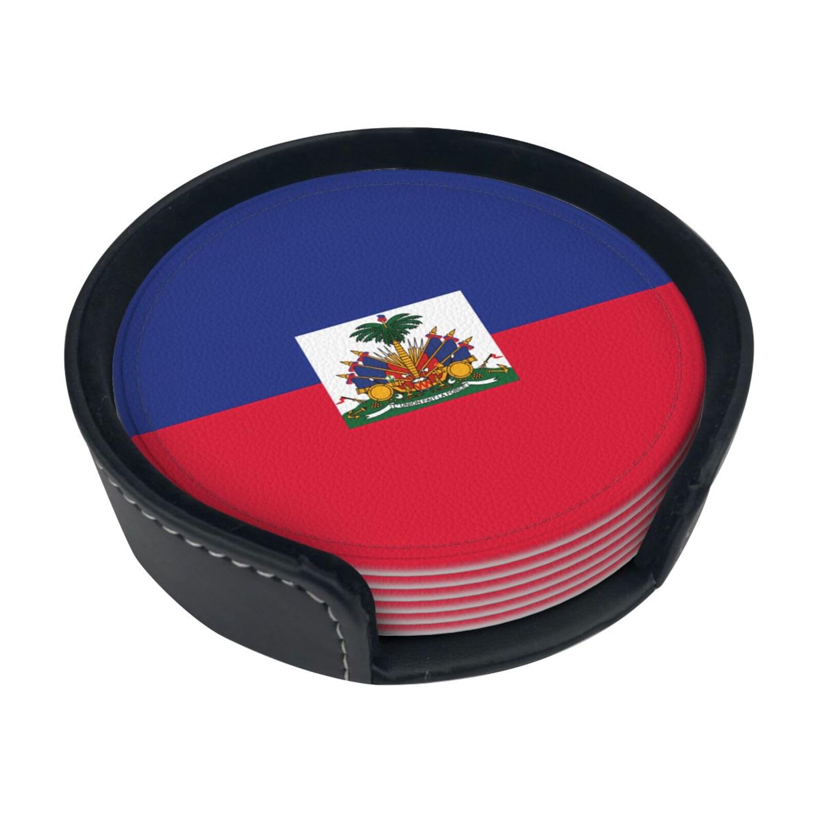 Cntdbu White Haitian Flag Leather Coasters Set Of 6-Pu Leather Drink Mats For Table, Heat Resistant Round Coasters With Holder