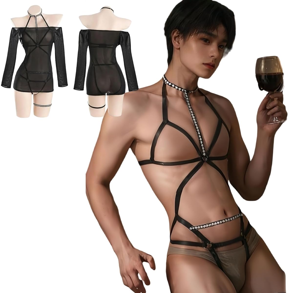 [RTYOUTH] ボンテージ メンズ 大きいサイズ セクシー 男の娘 コスプレ ランジェリー ぽっちゃり 過激 変態 SM 黒 透け 誘惑 女王様 緊縛 オープンクロッチ