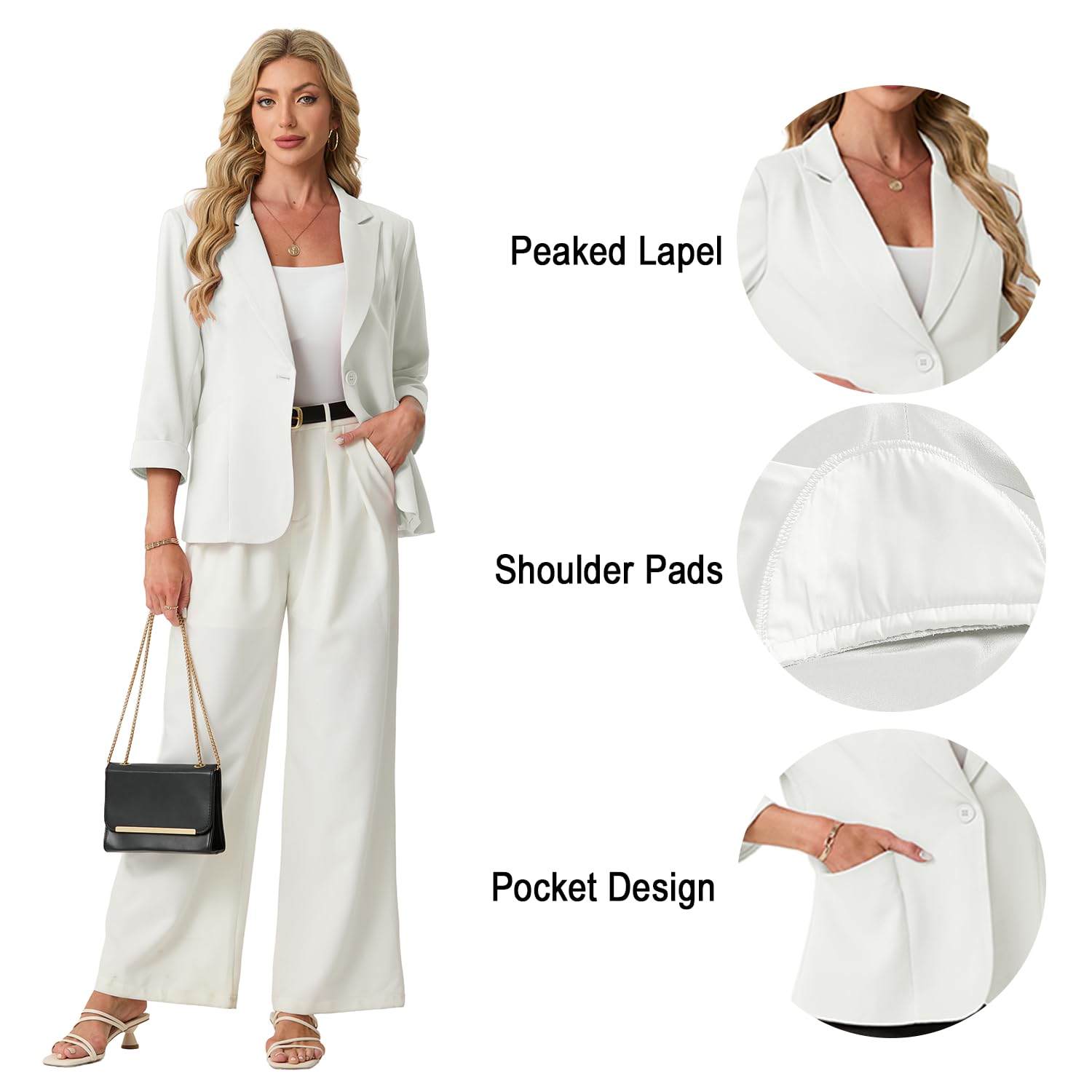 GRECERELLE Blazer élégant à manches 3/4 pour femme - Veste décontractée à revers à visière ouverte sur le devant - Vêtements d'extérieur avec poches à boutons pour femme