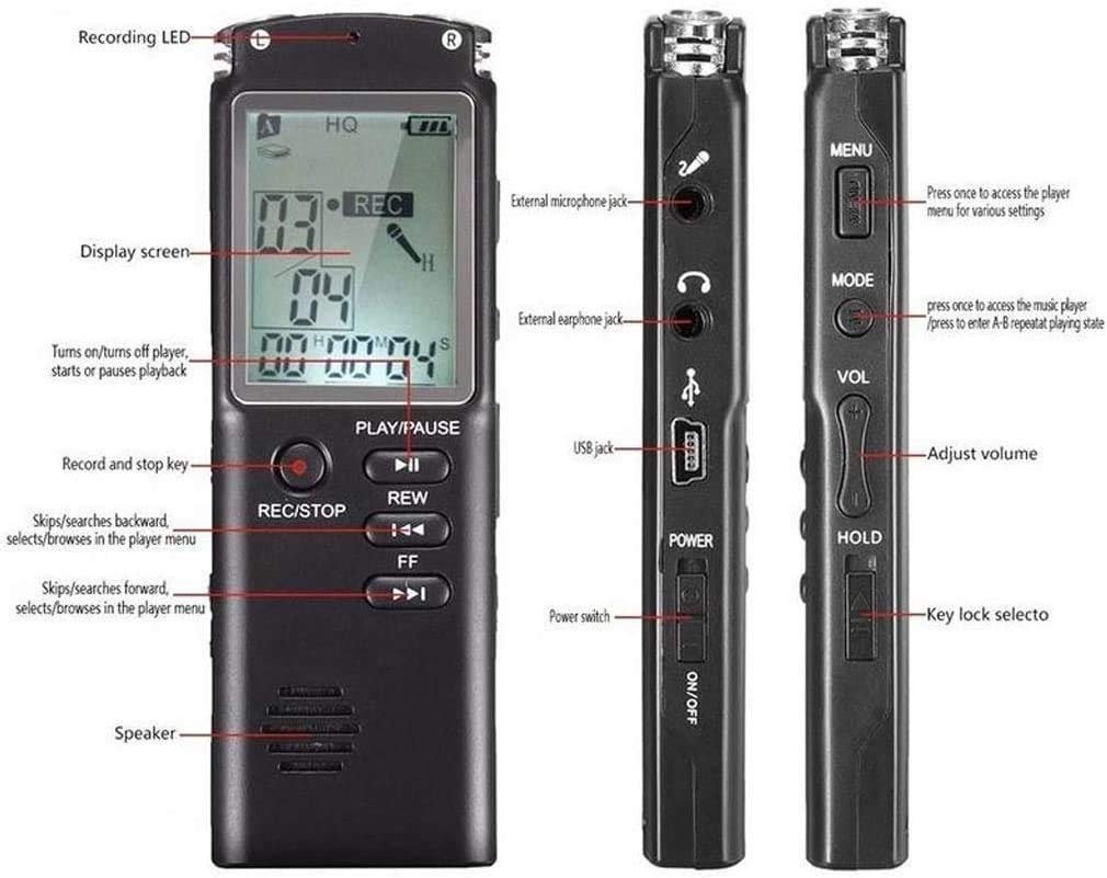 Cyfrowy dyktafon aktywowany głosem na wykłady, spotkania i klasy, przenośny 16 GB urządzenie do nagrywania z mikrofonem i odtwarzaniem MP3 (rozmiar: 16 G)