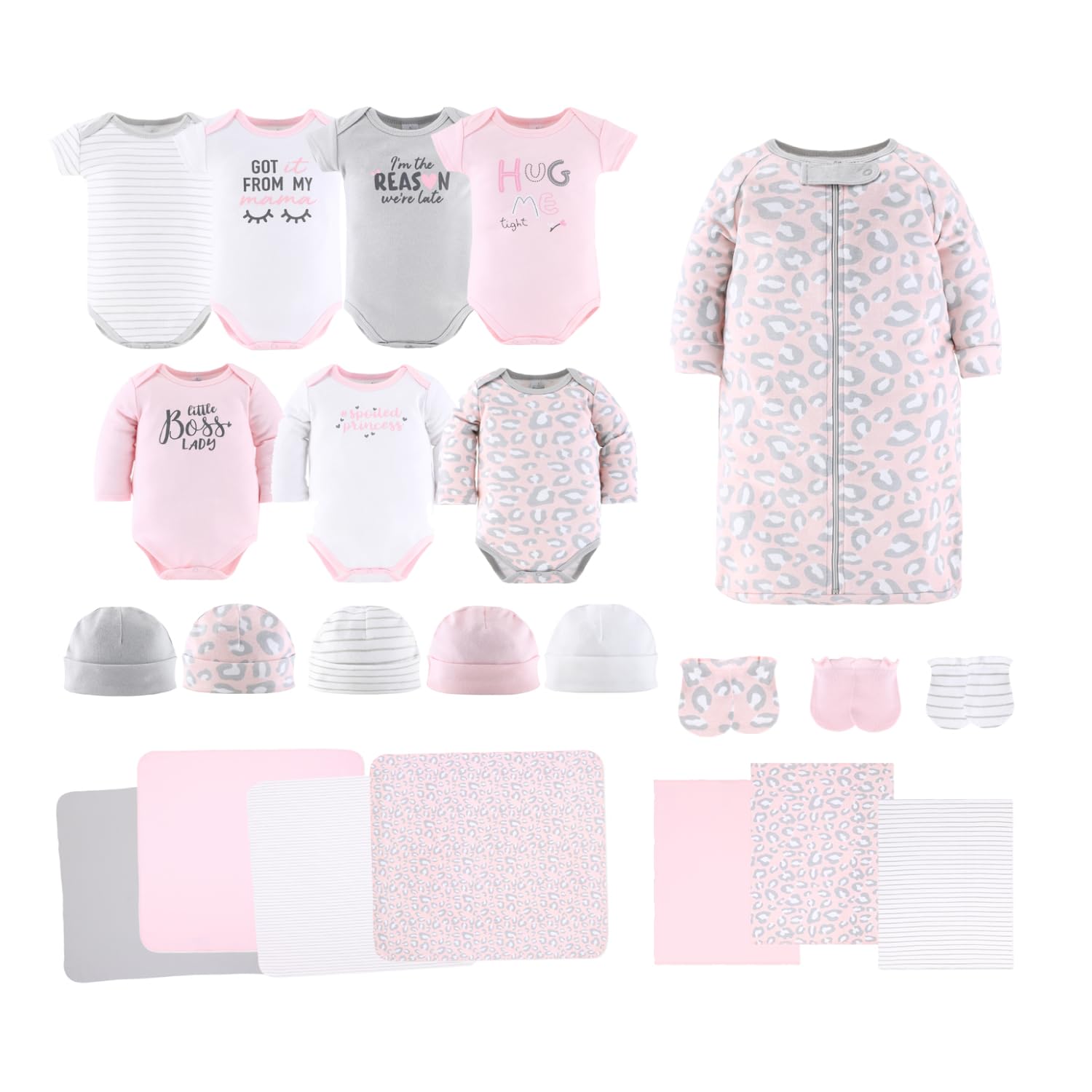The Peanutshell Baby Layette Gift Set for Baby Girls - 23 Piece New Born Girl Gift Set, Clothes & Newborn Essentials Must Haves - Girl Clothes 0-3 Months - Pink & Grey