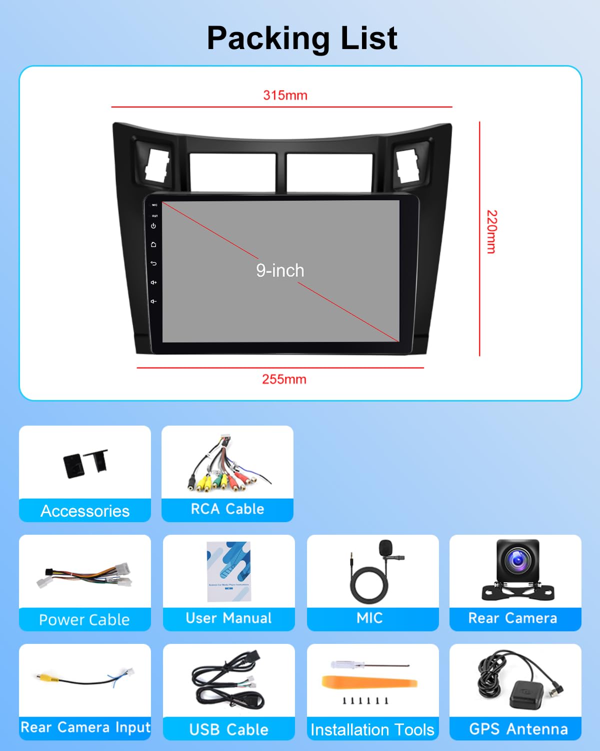NHOPEEW 2G+64G Android Autoradio per Toyota Yaris 2005-2011 - Senza fili Carplay e Android Auto - 9 pollici Stereo con WiFi GPS FM RDS + Telecamera posteriore&Mic