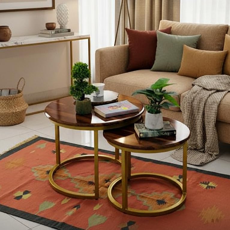 Image of Artlivo Solid Sheesham Wood Round Coffee Table - Set of 2 (22 /17 inch Dia) for Living|Drawing|Bedroom|Office|Balcony|Gift|Diwali|Wedding