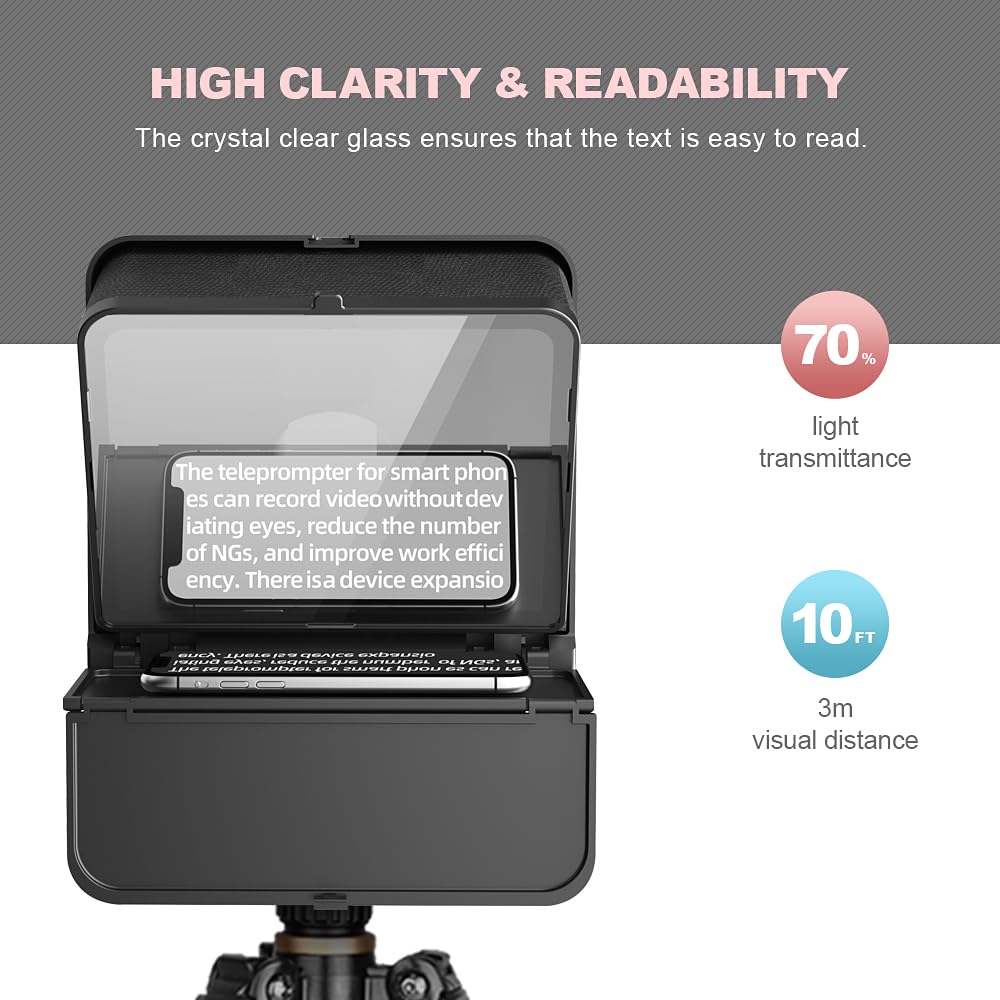 LENSGO TC7S Przenośny Teleprompter na telefon, 24,6 cm jednosekundowy składany mini teleprompter z pilotem zdalnego sterowania, aplikacja kompatybilna z iPhone'em i Androidem do nauczania online