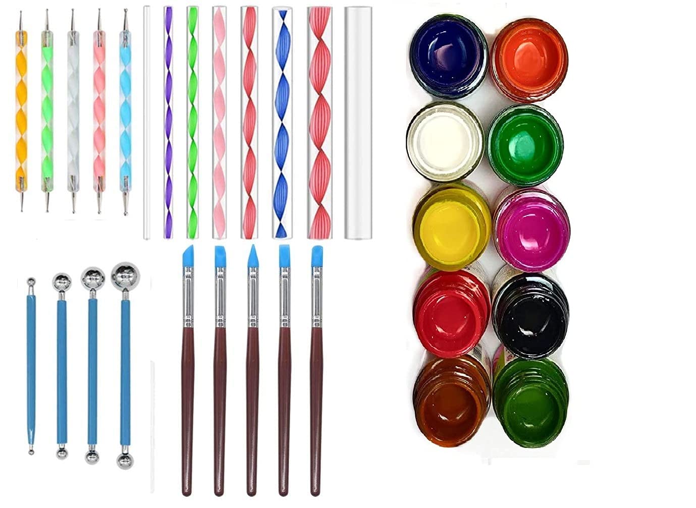 E Shopping 22Pcs Dotting Painting Tools with 10 Fevicryl Acrylic Colors Mandala Set Pen with Stencil Kit for Clay Pottery Craft, Painting Rocks, Art Drawing - Multicolour
