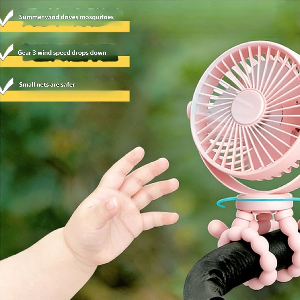 Flexible Mount Fan With 3 Speed configuration And 2000mAh Rechargeable Battery For Infant Seats And Flat face Use