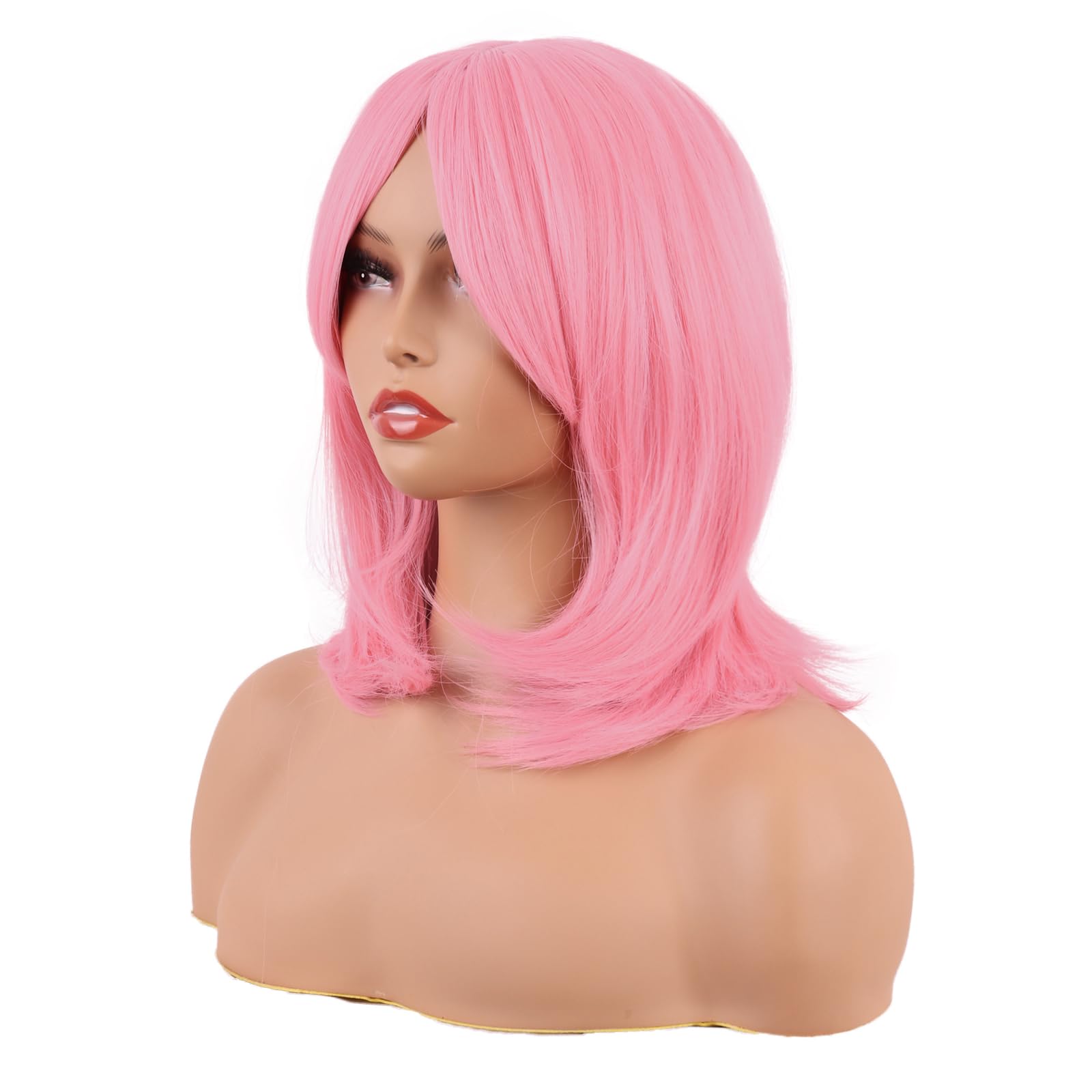 MapofBeauty 18 Inch/45 cm Layered Bangs Straight Synthetic Fiber Shoulder Length Hair Daily Use Wig (Light Pink) - Image 3