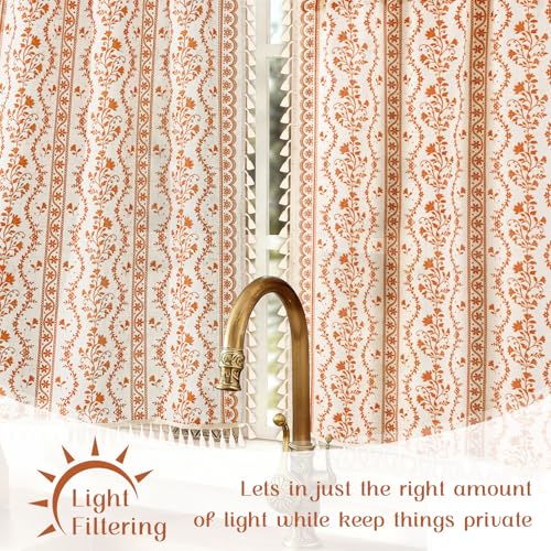 Image of Yinhua Boho Kitchen Curtains 36 Inch Length Vintage Linen Cafe Curtains Light Filtering Bohemian Floral Tier Rod Pocket Farmhouse Rustic Tassel Small Drapes with Tiebacks, 2 Panels, White Orange