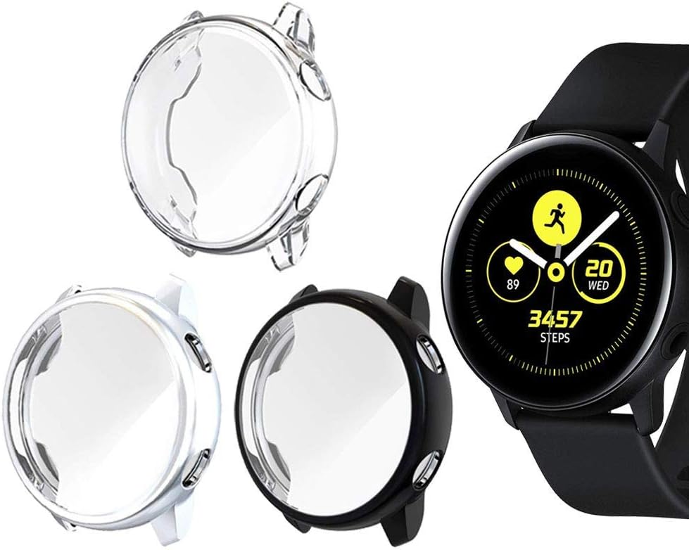 Jvchengxi for Samsung Galaxy Watch Active 1 Screen Protector, TPU Scratch-Resist Frame Protective Cover Shell Full Coverage Clear Case for Samsung Galaxy Watch Active 40mm (Black/Silver/Clear)