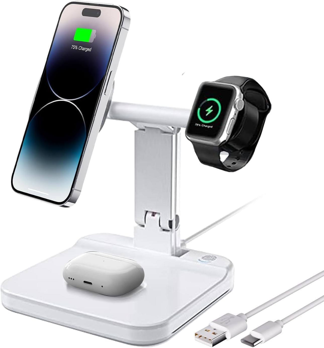 LumiCharge Stazione di ricarica wireless Qi 4 in 1 con luce notturna a LED, ricarica rapida per Magsafe, Apple Watch, AirPods, cavo USB-C e blocco di ricarica USB-C, ricarica sicura per più