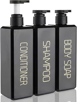 Shampoo and Conditioner Dispenser Shower Soap Bottles 3 Pack 550ml/18.6oz Refillable Shampoo Pump Bottle Dispenser Plastic Empty Body Wash Dispensers with Stylish Permanent Labels for Bathroom Black
