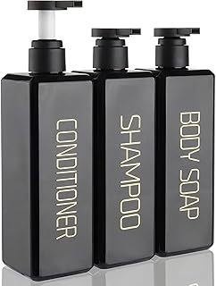 Shampoo and Conditioner Dispenser Shower Soap Bottles 3 Pack 550ml/18.6oz Refillable Shampoo Pump Bottle Dispenser Plastic Empty Body Wash Dispensers with Stylish Permanent Labels for Bathroom (Black)