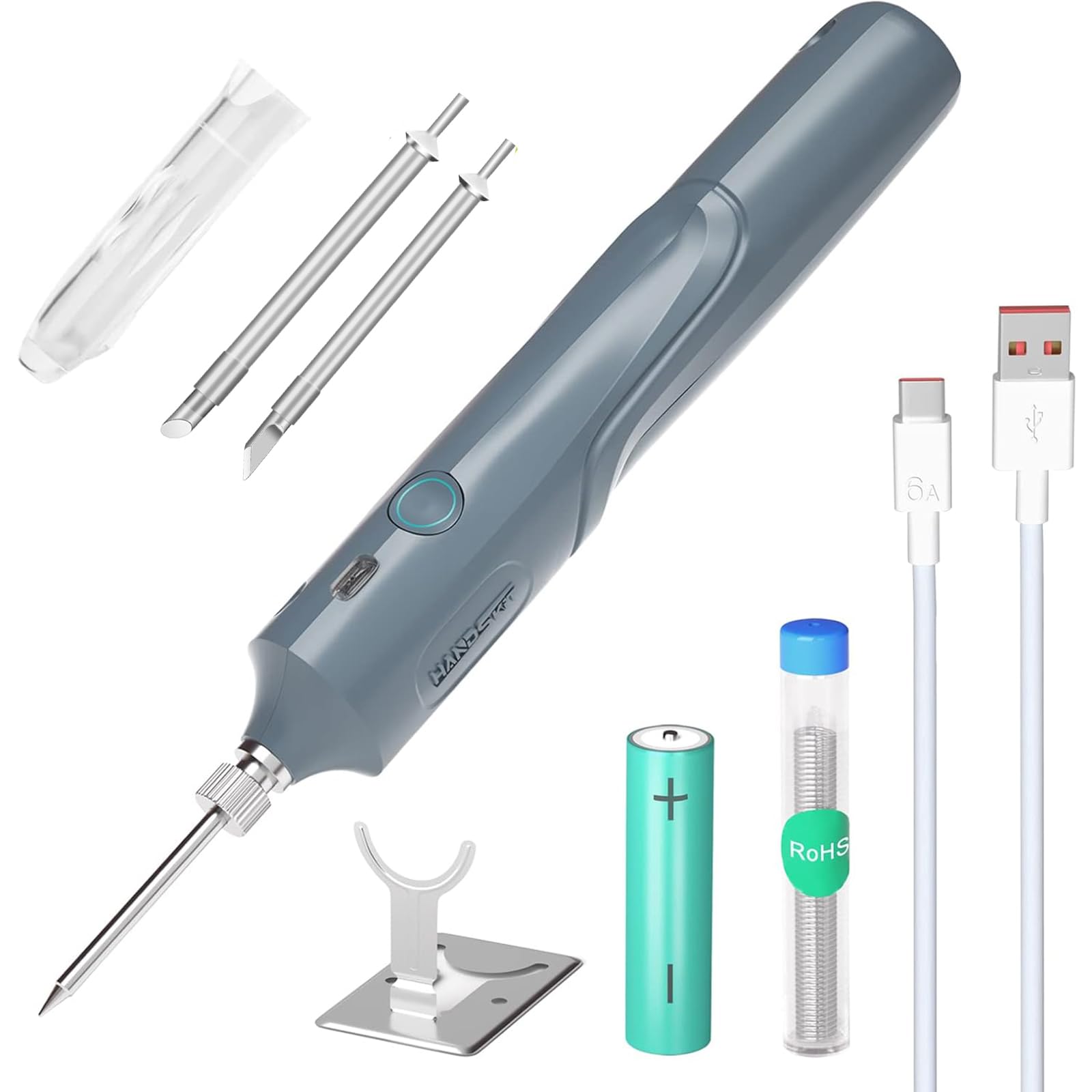 HANDSKIT Soldador de Estaño Profesional Portátil con Batería Recargable de 2600mAh, Estaño para Soldar y Mini Soporte, Soldador Rápido con Luz LED, Ideal para Reparaciones de Electrónica y Joyería