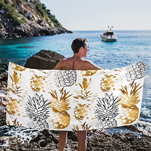 Otvee Tropical Gold Pineapple Beach Towel Oversized 31X71In Extra Large Pool Towel Lightweight Soft Absorbant Sand Free Fast Dry Beach Blankets Bath Towel For Travel Swim Pool Yoga Gym Camping #TOP4
