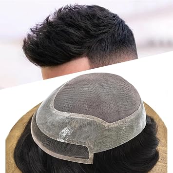 LYRICAL HAIR Mens Toupee Hair Piece System Replacement for Men Fine Mono Lace Front Mens Hairpiece Durable Poly Skin PU Around Hair Unit Wig for Men 6"X8", #1B Off Black-120% Med-light to Medium Density