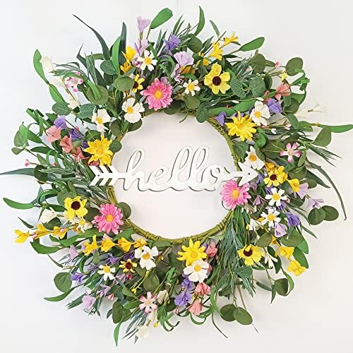 Spring Wreaths for Front Door, TOKCARE 22 Inch Eucalyptus Wreath with Hello Sign, Colorful Little Daisies and Winter Jasmine, Spring Summer Decoration Home/Window/Farmhouse/Indoor and Outdoor