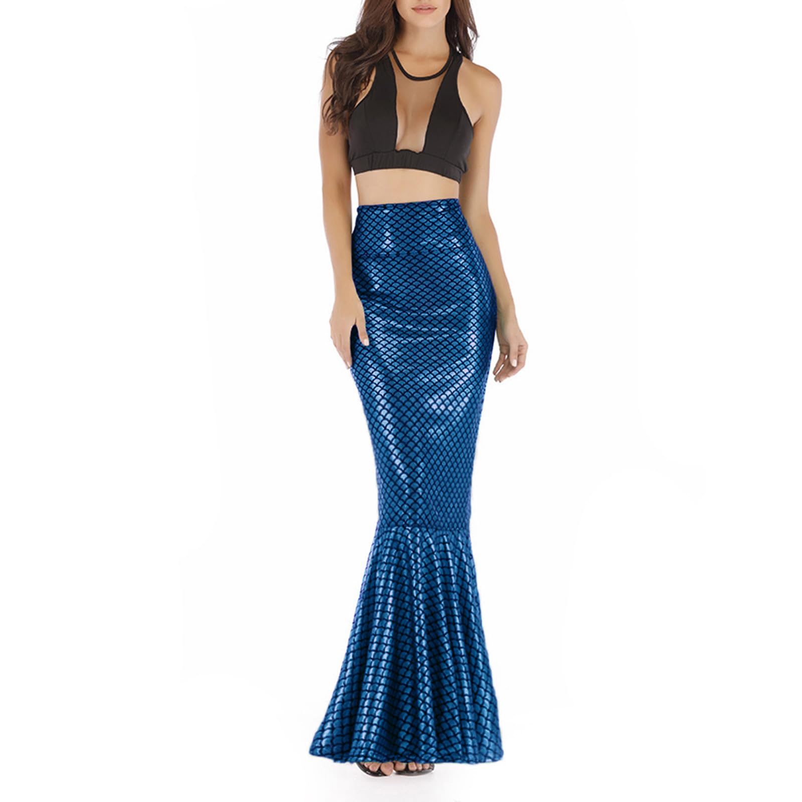 Women's Halloween Mermaid Costumes High Waist Bodycon Sequin Maxi Skirt for Cosplay Role-Playing Party Outfits (D-Blue, L) โ image 1