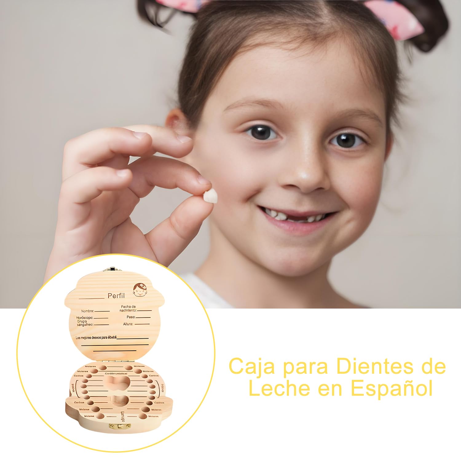 GeekerChip Caja Dientes de Leche Niña en Español,Cajita Madera Guardar Dientes,Caja de Dientes de Madera para Niños,Pinzas, Botecito,Regalo Niña 5 6 7 8 9 Años