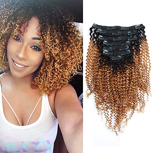 Sassina Seamless Double Wefts Kinky Curly Clip In Human Hair Extensions Ombre Two Tone Natural Black Fading to Strawberry Blonde 120 Grams 7pcs per lot with 17 Clips KC TN27 16 Inch