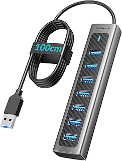 GiGimundo アルミ ニウム合金 7ポート usbハブ 3.0 usbポート ハブ 1M ケーブル 軽量 追加5V/3A電源供給ポート拡張ハブ 高速5Gbps データ送信 usb3.0 ハブ ロングケーブル PC、ノートパソコン,Windows/XPS/Mac OS/Linux 用