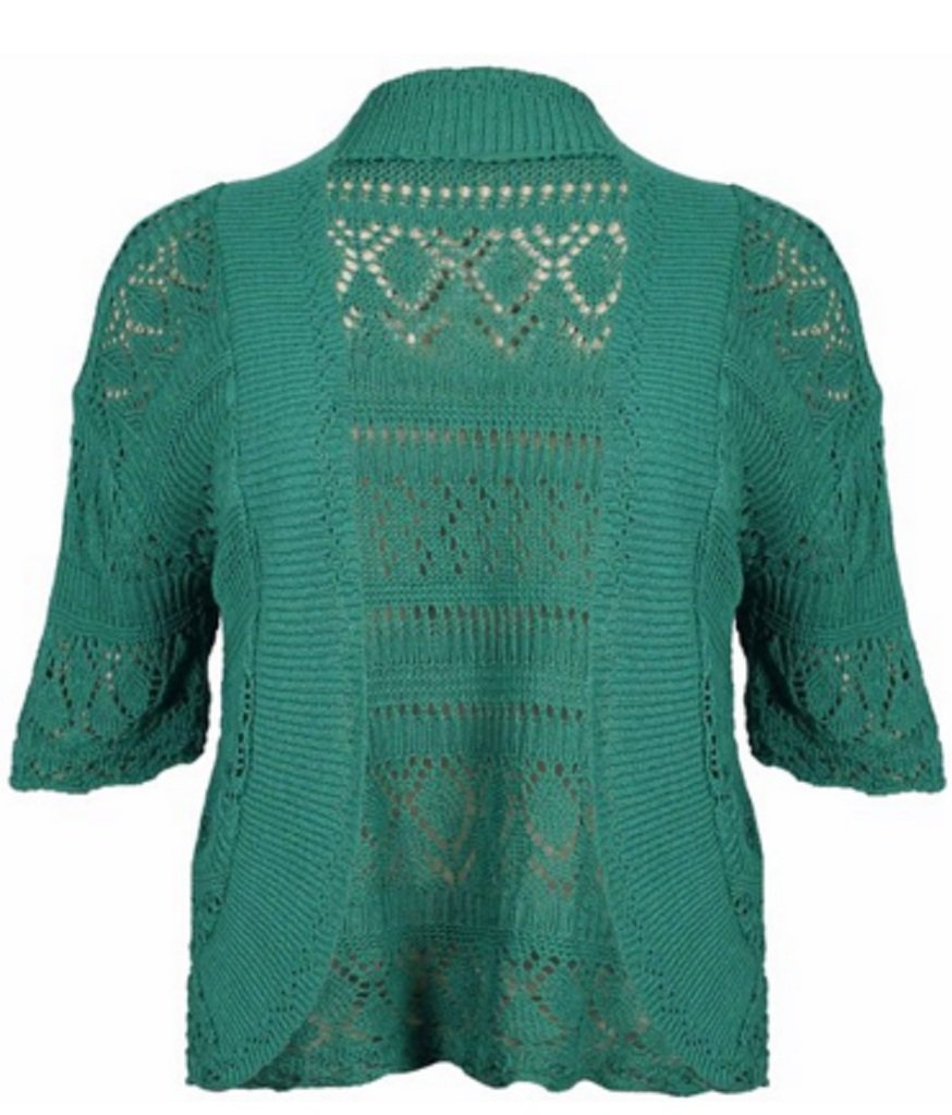 Bolero de crochet verde azulado ideal para vestidos de fiesta y looks de noche casual 2