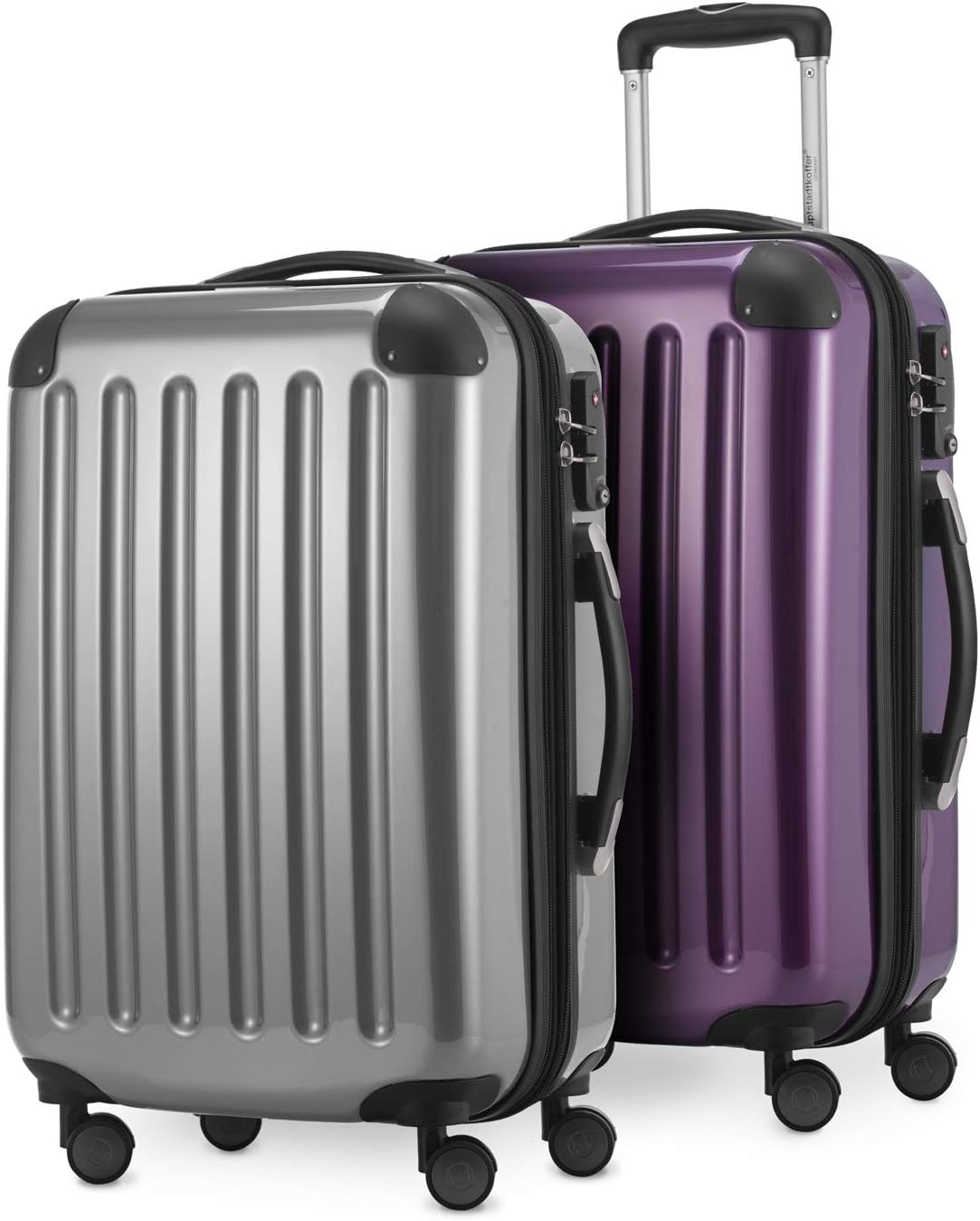 HAUPTSTADTKOFFER® · Set di valigie rigide in due pezzi lucide · 2 bagagli a mano da 45 litri (55 x 35 x 20 cm) · Chiusura a combinazione TSA (argento-melanzana)