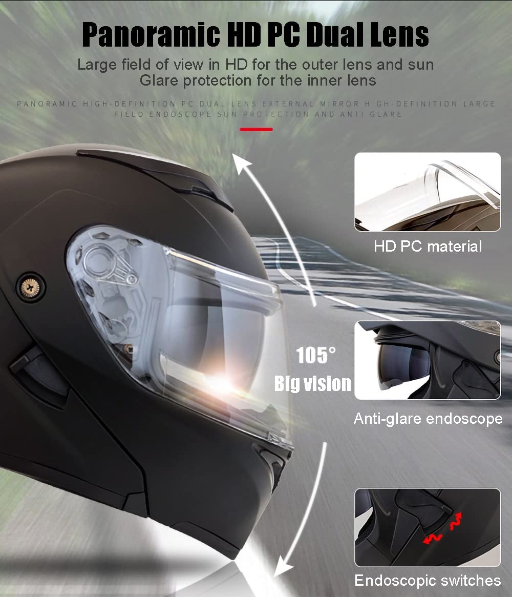 Casco Bluetooth para Moto Casco Modular Abatible con Doble Visera, Auriculares con Aprobación ECE para Respuesta Automática, Casco Integral para Adultos Hombres Mujeres, S-XXL