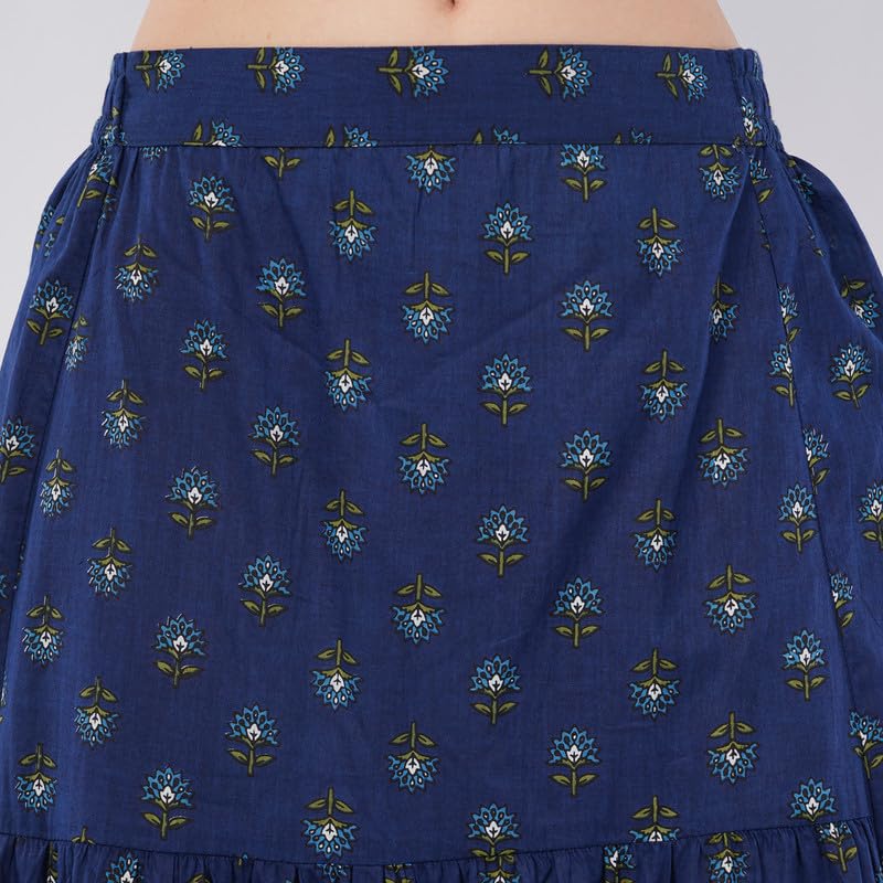 Rabhika Women’s Blue Patterned Pure Cotton Maxi Skirt, Lightweight Comfortable Long Skirt for Ethnic & Modern Wear| 2XL 2