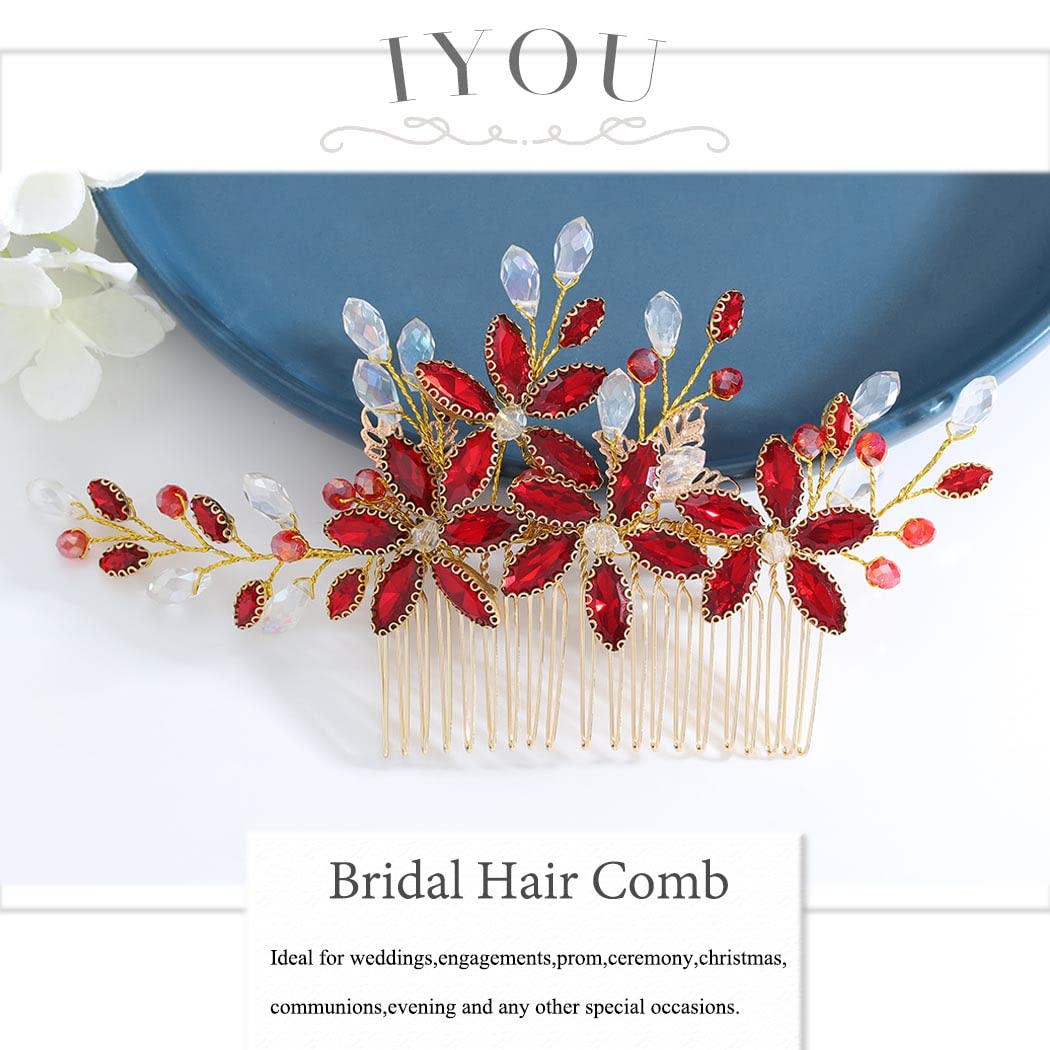 IYOU Sposa Nozze Pettine per Capelli Strass Rosso Pezzo di capelli Fiore Ballo Studentesco Festa Copricapo Accessori per Donne