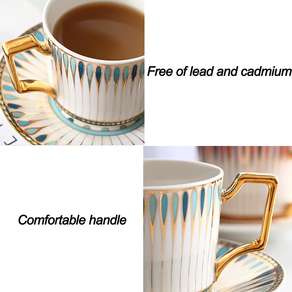 Untertassen und Löffel, Keramikbecher, Teetassen- und Untertassen-Sets 7,4 Unzen, goldene Handdruck-Teetasse mit Untertassen-Set und Tasse und Keramik-Untertassen-Set for Kaffeespezialitäten, Latte, C