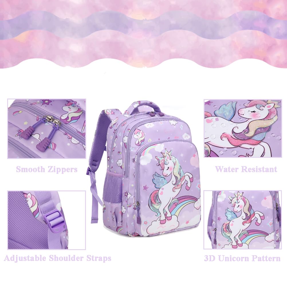 Kimwadalh Mochila Unicornio Niñas Primaria Mochila Escolar para Niñas 3 en 1 Juego de Bolsas Escolares Mochilas Infantiles Niñas Unicornio