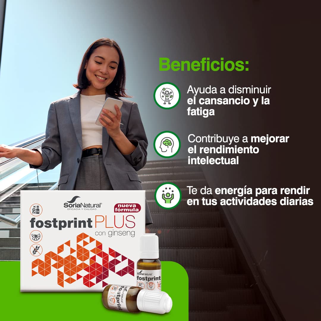 Jalea Real con Ginseng - Vitaminas para el Cansancio y la Memoria - Vitaminas Grupo B, Biotina, Vitamina E, Vitamina D, L Carnitina y Propóleo Puro - PACK2 x 20 Viales Soria Natural Fostprint plus