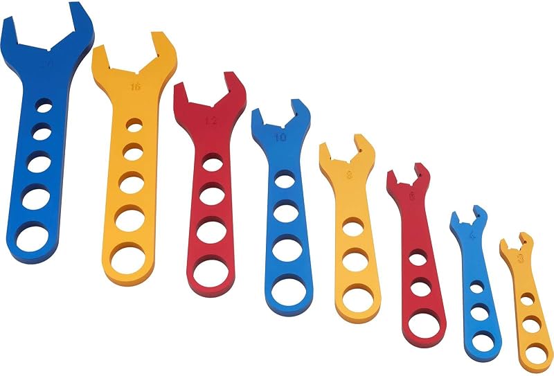 Aluminum AN Fitting Wrench Set with Roll Case, 8-Piece Size Stamped Set | CNC Machined Construction, Color Coded Sizes For Easy Identification, Proper Handle Length to Prevent Over Tightening