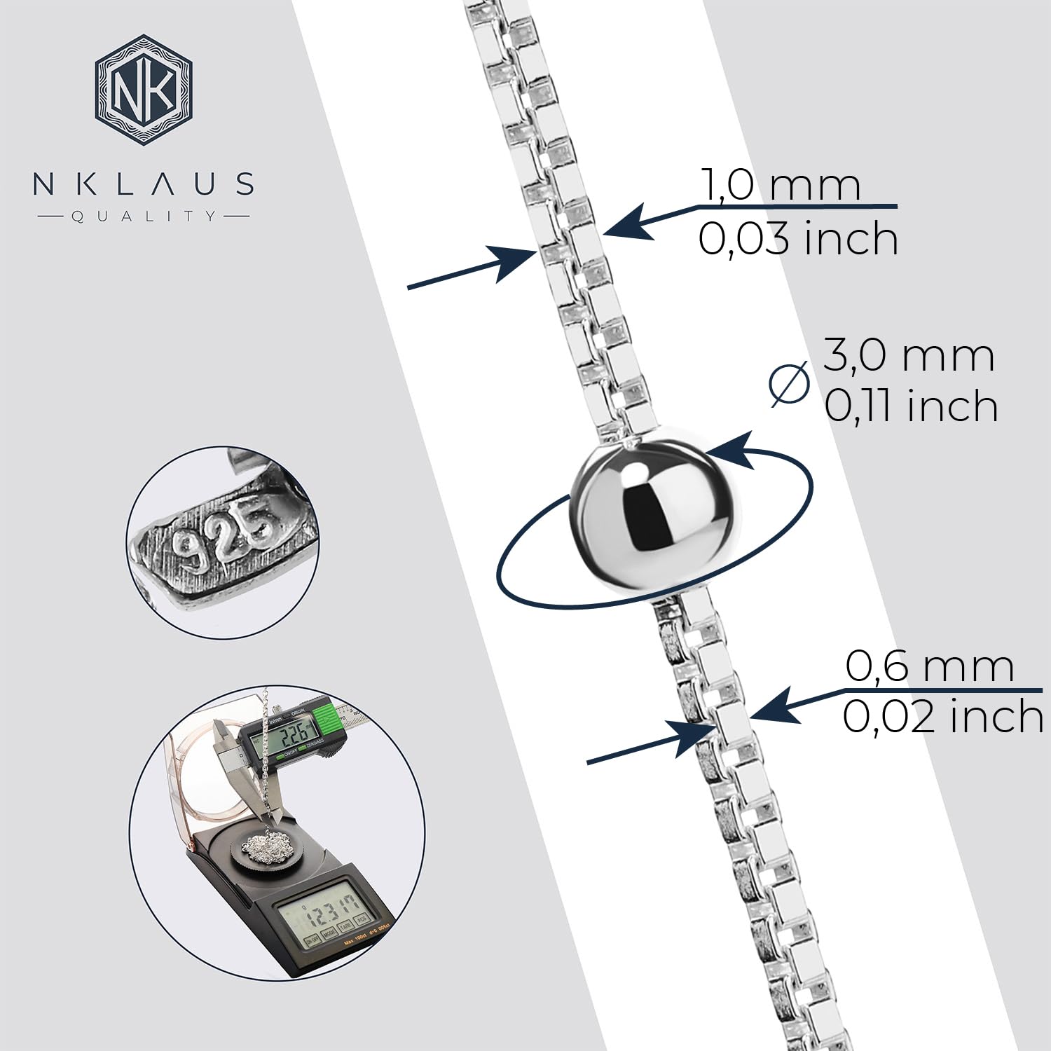 NKlaus plata 925 collar de plata de ley 45cm cadena veneciana con 24 bolas 1876