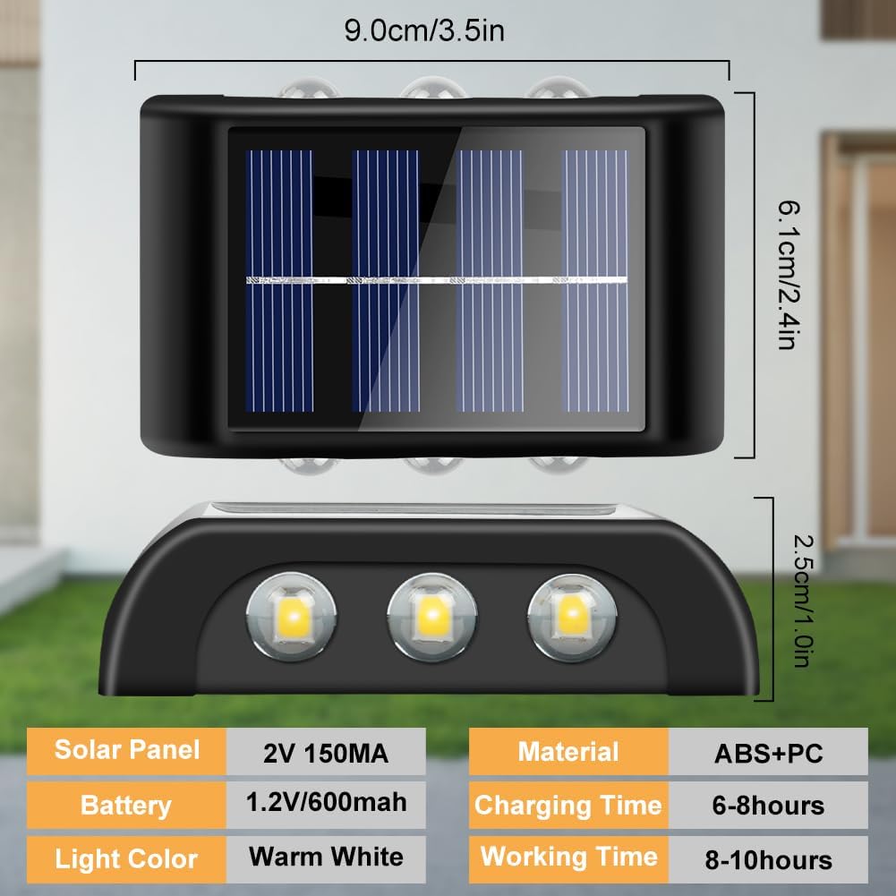 Flintronic 6 sztuk świateł solarnych na ścianę, regulowane lampy LED z 6 ciepłymi światłami, do góry i w dół, oświetlenie LED na zewnątrz, wodoszczelne IP65