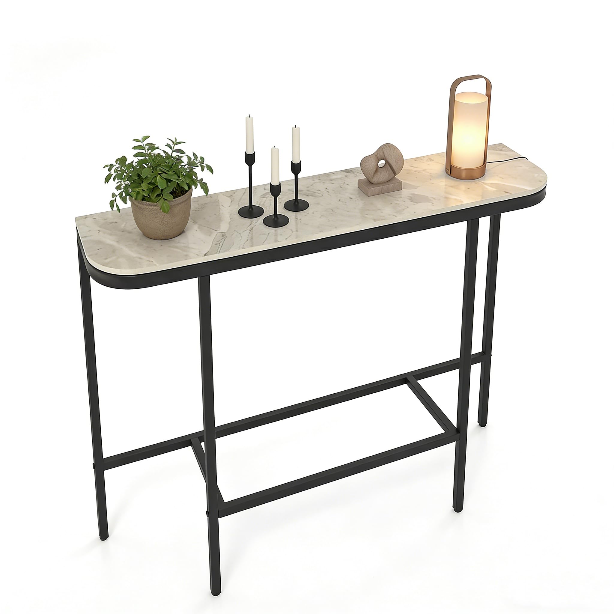 LIFEZEAL Consolle Ingresso, Tavolo Consolle, in Pietra e Metallo, con Effetto di Marmo, Moderno, Salvaspazio, Console Dietro Divano, per Entrata, Corridoio, 110x30x91 cm, Grigio e Nero