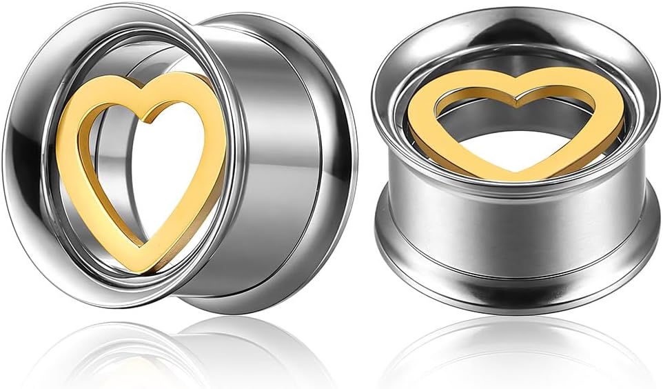 ARTFAN Ear Gauges Tunnels - 2PCS Stainless Steel Plugs for Stretched Ears, Cute Heart Ear Plugs Gauges for Women Men, Hypoallergenic Body Piercing Jewelry